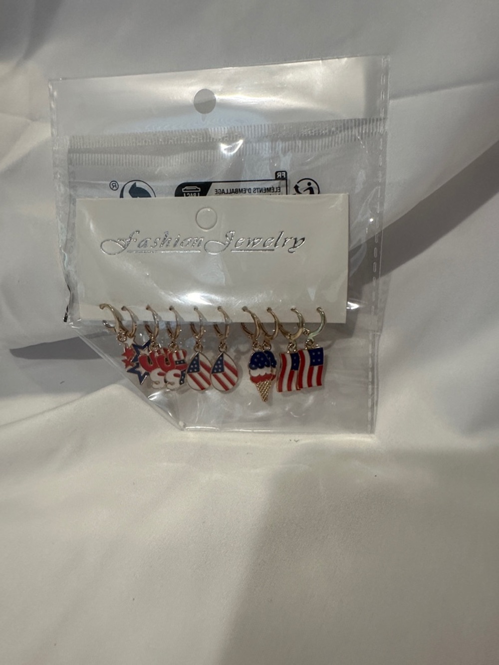 3 pk Fashion Jewelry Red, White & Blue Enamel Flag Charm Earrings